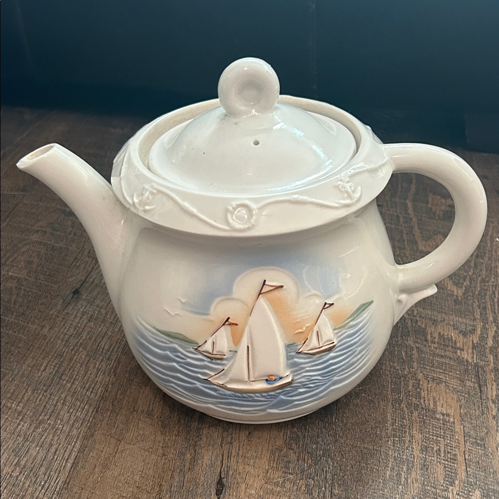 Vintage Porcelier Tea Pot with Lid Sailboat Vitreous‎ China Made in USA Nautical